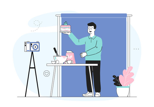 baker holding cake, camera, studio setting clip art preview
