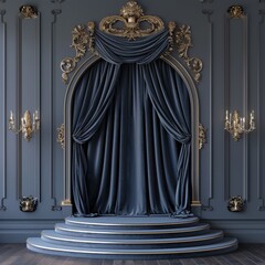 Luxurious 3D podium with velvet draping and elegant gold trim