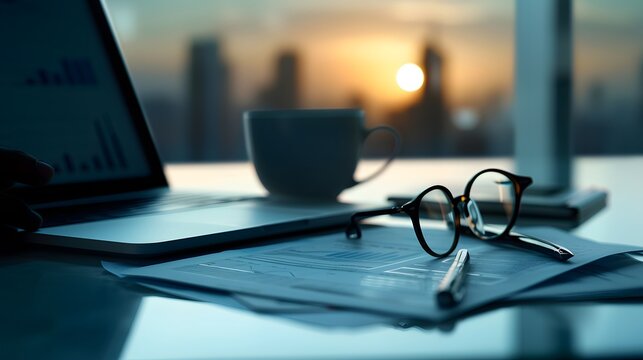 Sunset Business Desk: A minimalist office desk bathed in the golden hues of a setting sun, featuring a laptop, a cup of coffee, glasses, a pen, and documents, reflecting a sense of calm focus and prod