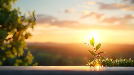 Sunrise Hope: A single green sprout emerges from the earth, bathed in the warm glow of a golden sunrise, symbolizing new beginnings, growth, and the promise of a brighter future.  