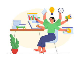 Woman with hard work. Entrepreneur and businessman at workplace performs tasks. Successful businesswoman with many goals. Time management and work process organization. Flat vector illustration