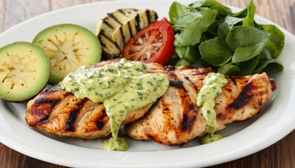  Delicious grilled chicken with creamy avocado sauce and fresh salad