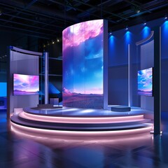 3D podium with interactive digital screens for a tech expo