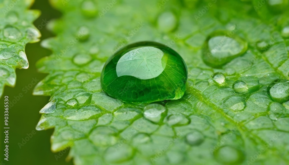 Wall mural  Natures Jewels  A closeup of a leaf adorned with dewdrops