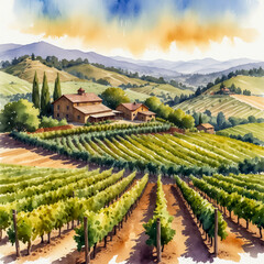 Naklejka premium A stunning watercolor illustration of Napa Valley in California. Capture the picturesque vineyards stretching across rolling hills