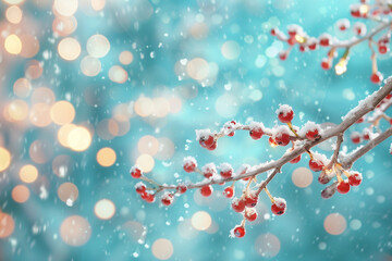 A Festive Christmas Scene Featuring Red Berries Dusted with Snow on a Branch Against a Turquoise Bokeh Background