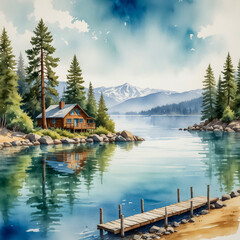Fototapeta premium A stunning watercolor illustration of Lake Tahoe in California. Capture the crystal-clear, turquoise waters of the lake, reflecting the surrounding snow-capped Sierra Nevada mountains.
