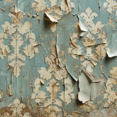 Close-up of peeling vintage floral wallpaper with faded colors.