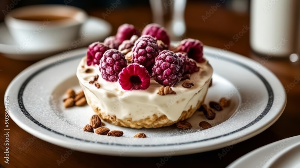 Poster  Delicious dessert with raspberries and walnuts ready to be savored