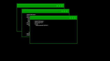video animation terminal cmd prompt with a programming code software, on a transparent background with alpha channel set to zero