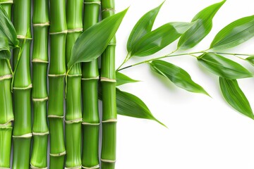 A green bamboo stalk with lush leaves, isolated on a white background. The image is clean and crisp, with a full depth of field that highlights the natural beauty of the bamboo.



