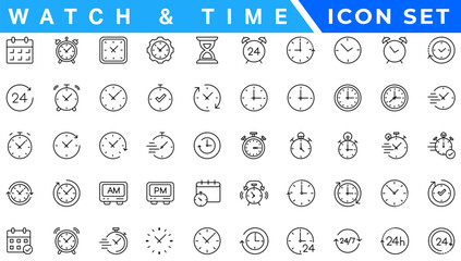 Time and clock, calendar, timer line icons. Vector linear icon set.