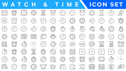 Time and clock, calendar, timer line icons. Vector linear icon set.