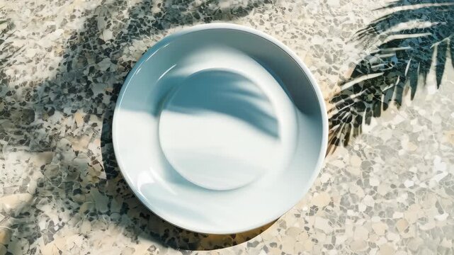 Empty white plate with palm leaf shadows