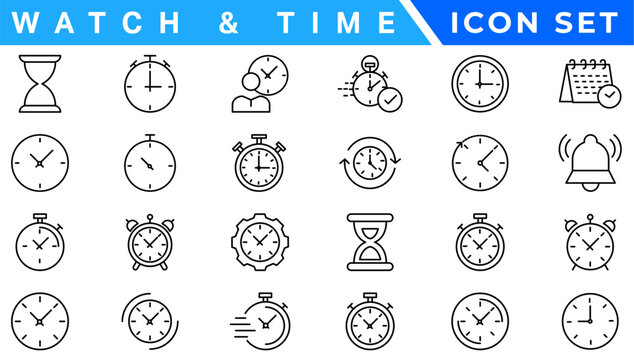 Time and clock, calendar, timer line icons. Vector linear icon set.