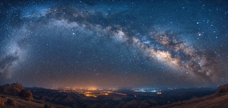 AI generated Deccan Plateau India. The Deccan Plateau at night, the Milky Way arching across the sky, the stars providing a soft glow over the landscape, creating a peaceful and serene atmosphere.