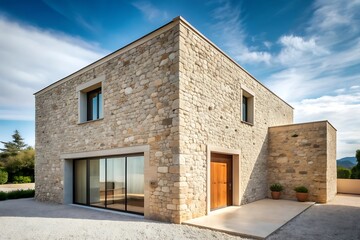 Modern Stone House with Large Windows.