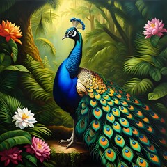 Fototapeta premium Majestic Peacock Amidst Lush Tropical Rainforest Foliage and Blooms