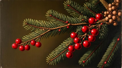  Vibrant Christmas tree branch with red berries and pine needles