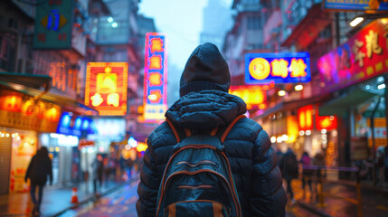 Obraz premium Back view of a traveler with a backpack walking through a neon-lit street in an Asian city at night.