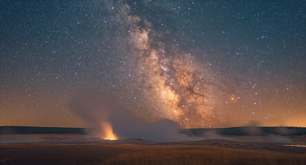 AI generated Yellowstone Plateau. The Yellowstone Plateau at night, with the Milky Way arching over the landscape, geysers illuminated by moonlight, creating a mystical and serene atmosphere