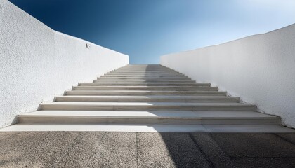 A long white staircase leading up towards the clear sky