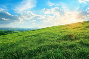 Fototapeta premium Smooth meadow on the hill with beautiful sky, landscape, green grass