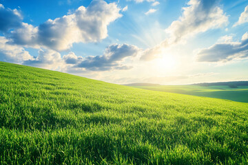 Smooth meadow on the hill with beautiful sky, landscape, green grass