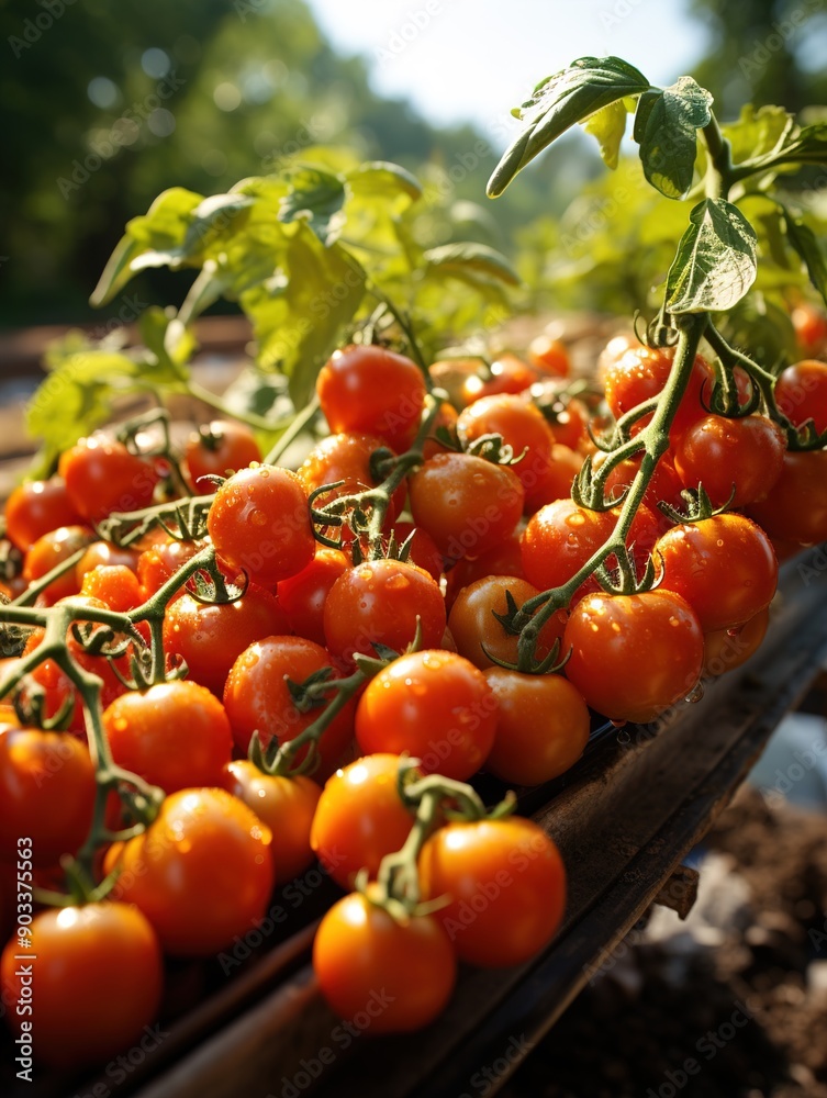 Poster tomatoes in the garden