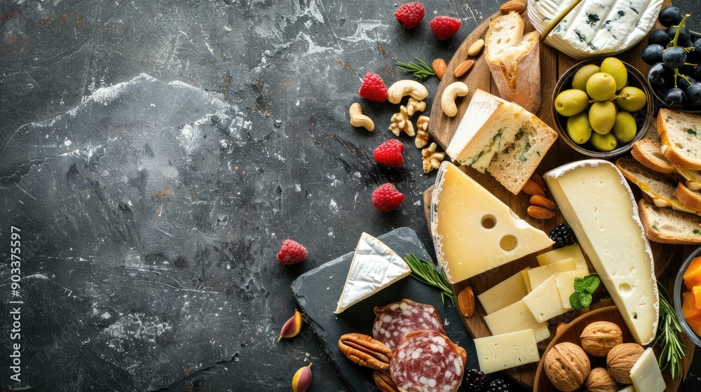 Sticker Variety of cheeses with nuts fruits and bread on wooden board stone surface top down view empty space