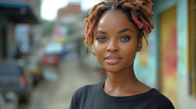 A beautiful woman with dreadlocks wearing a black shirt. She is outdoors in a city.