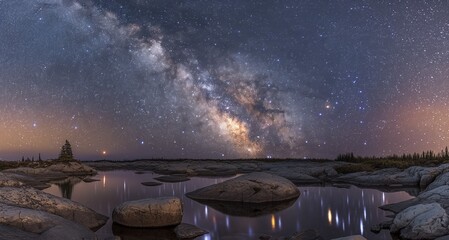 AI generated Canadian Shield. The Canadian Shield at night, with the Milky Way visible above the wilderness, stars illuminating the rocky landscape, creating a tranquil and enchanting scene