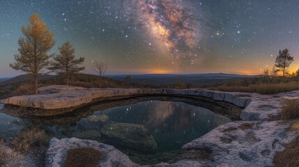 Serene Appalachian Plateau Sinkhole under Clear Night Sky with Milky Way - Minimalist Landscape Photography