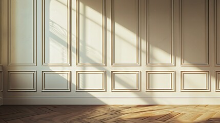 Fototapeta premium Elegant White Wall with Sunlight and Wooden Floor