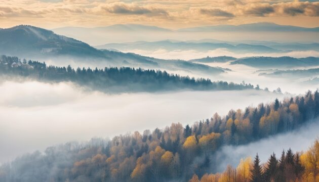  Majestic mountain vista with misty forests and rolling clouds