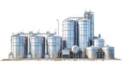 Storage tanks and silos on transparent background