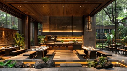 Tranquil restaurant interior with natural elements and warm lighting, perfect for showcasing fine dining or a relaxing ambiance. 