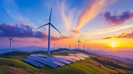Serene Landscape at Sunset with Wind Turbines and Solar Panels: A Harmonious Blend of Renewable Energy and Nature
