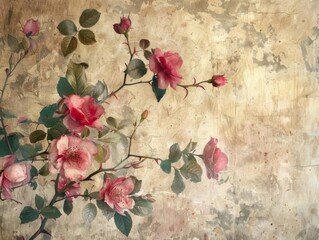 Naklejka premium Vintage floral background with pink roses on a textured wall.