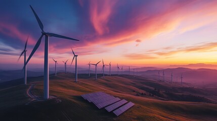 Serene Landscape at Sunset with Wind Turbines and Solar Panels: A Harmonious Blend of Renewable Energy and Nature