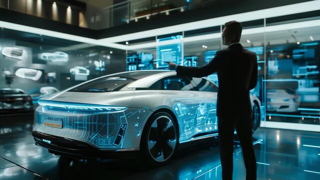 A middle-aged Caucasian man in a suit interacts with holographic displays, showcasing a futuristic car in a modern, high-tech showroom during the evening. The mood is innovative and professional.
