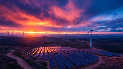 Serene Landscape at Sunset with Wind Turbines and Solar Panels: A Harmonious Blend of Renewable Energy and Nature