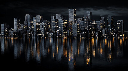 Obraz premium Nighttime cityscape reflected in still water.