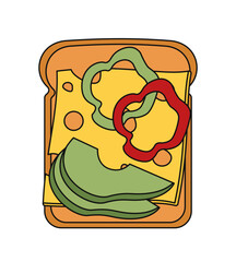Top view at sandwich. Piece of bread with cheese and peppers. Delicious morning healthy breakfast. Proper diet and nutrition. Poster or banner. Linear vector illustration