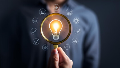The hand with a magnifying glass reveals a light bulb and idea-checking icon, emphasizing the detailed scrutiny and validation of innovative ideas