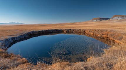 Tranquil Sinkhole View on Clear Day at Khorat Plateau - Natural Beauty and Minimalist Scene with Vast Plains and Blue Sky