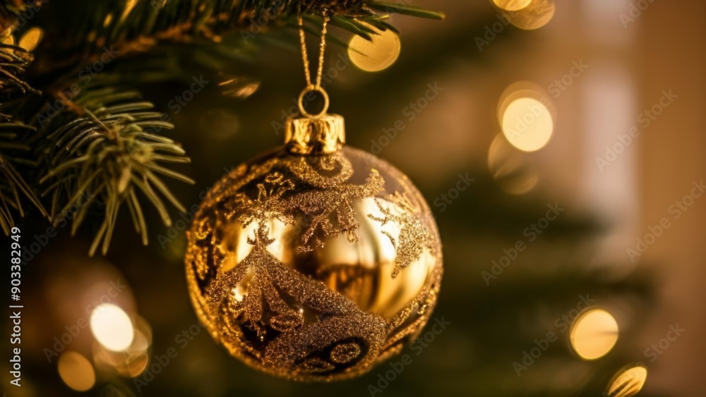 Poster  Golden Christmas ornament hanging from tree branch