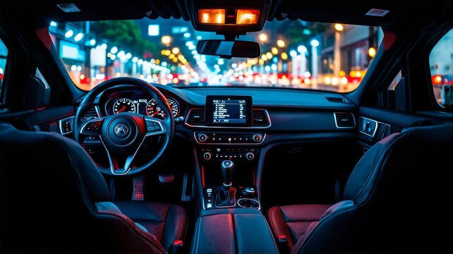 Modern Car Interior with Vibrant City Lights - Night Driving Experience