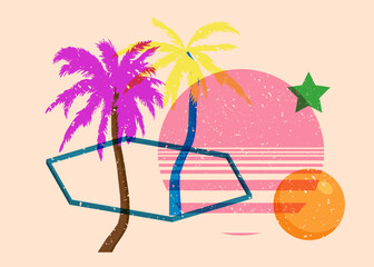 Risograph Palm Trees with geometric shapes. Objects in trendy riso graph print texture style design with geometry elements.