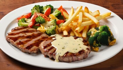  Delicious dinner plate with grilled steak fries and vegetables